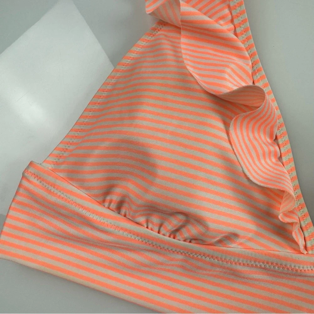 Aerie Swim Top Bikini Triangle Micro Stripe Print Neon Orange White Ruffle Strap